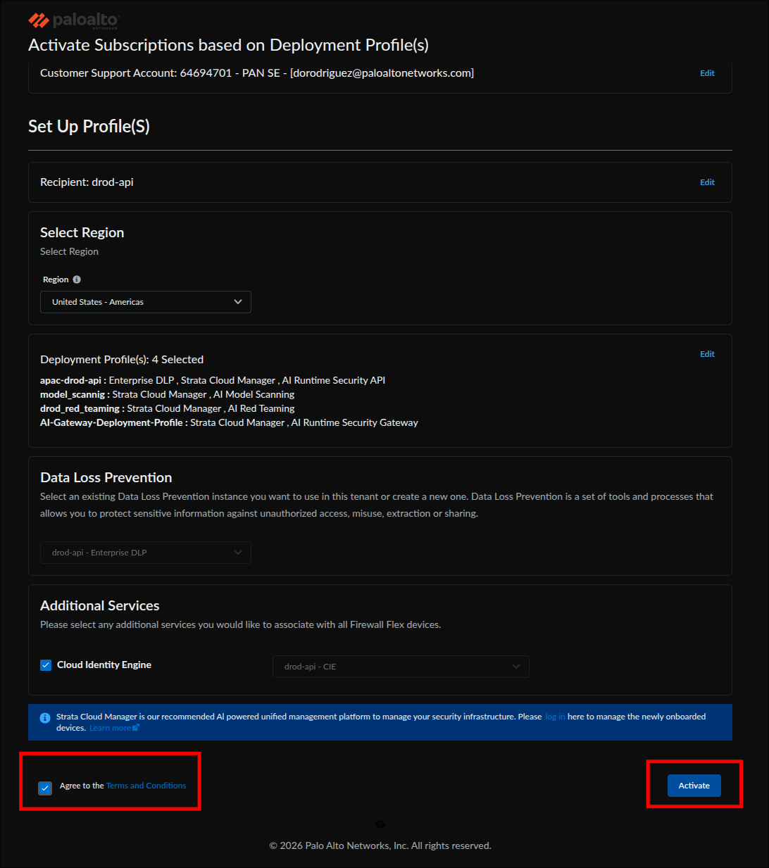 Bottom of the activation form with the Agree to the Terms and Conditions checkbox and the Activate button highlighted