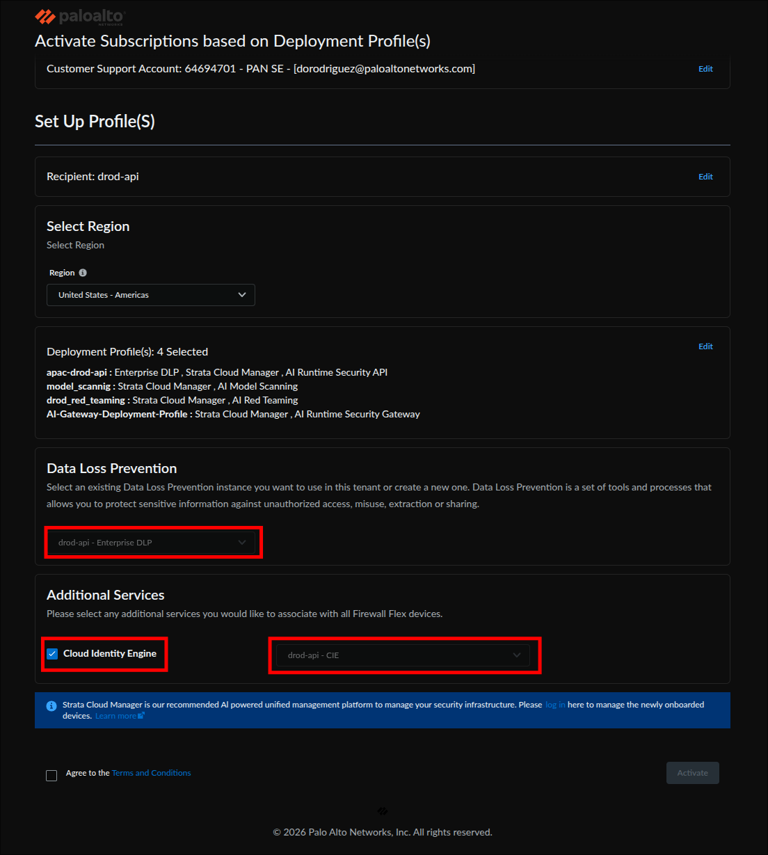 Activation form review showing four selected deployment profiles, with the Data Loss Prevention instance dropdown, Cloud Identity Engine checkbox, and CIE instance dropdown highlighted