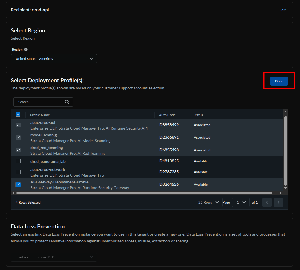 Deployment profile table with the AI Gateway profile checked, four rows selected in total because pre-existing associations stay checked, and the Done button highlighted