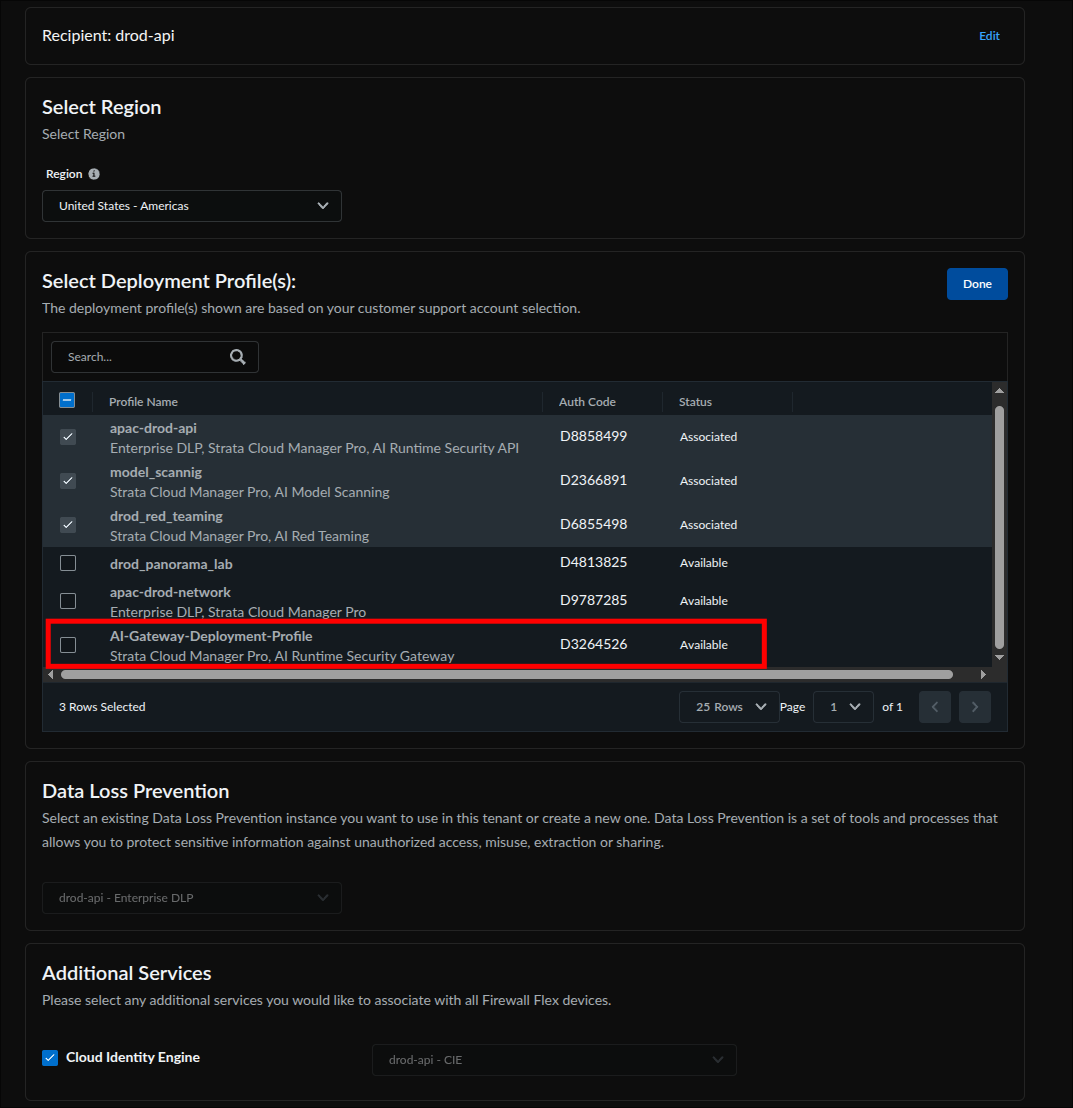 Deployment profile table with the AI Gateway profile row highlighted, showing services Strata Cloud Manager Pro and AI Runtime Security Gateway with status Available