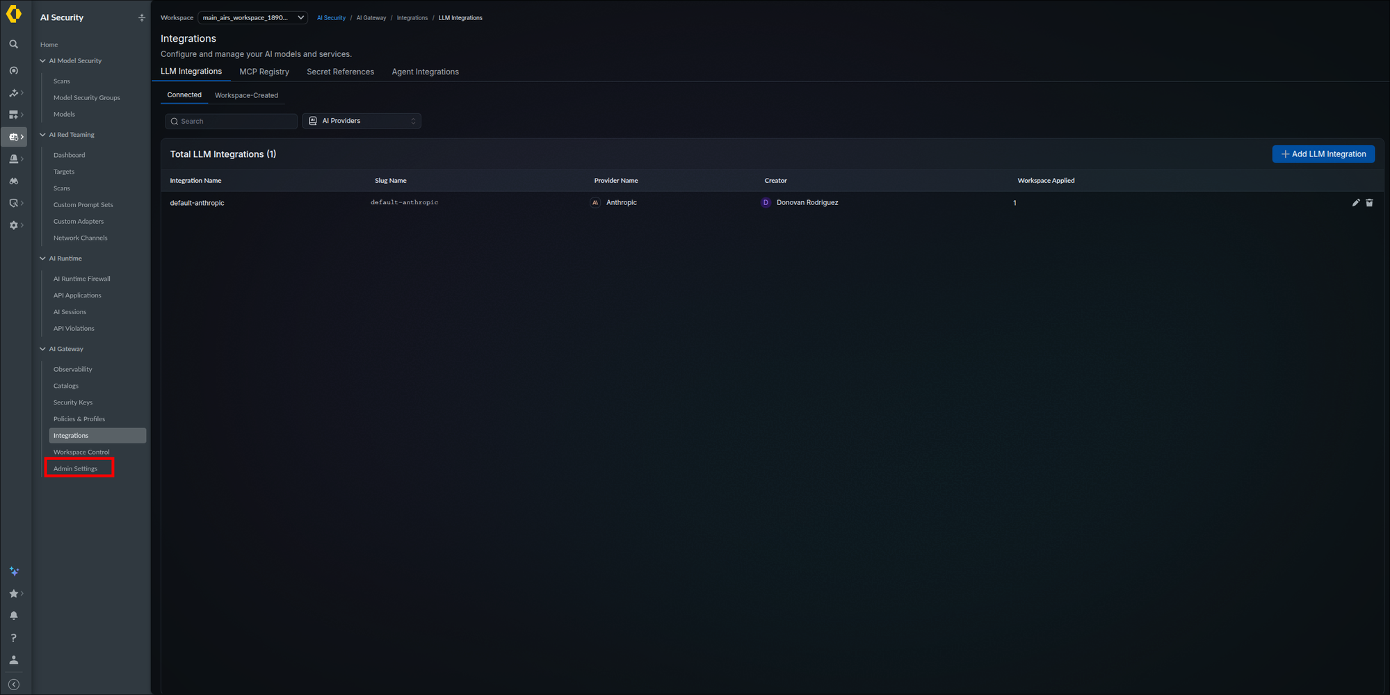 Integrations page with Admin Settings highlighted as the last entry in the AI Gateway section of the left navigation