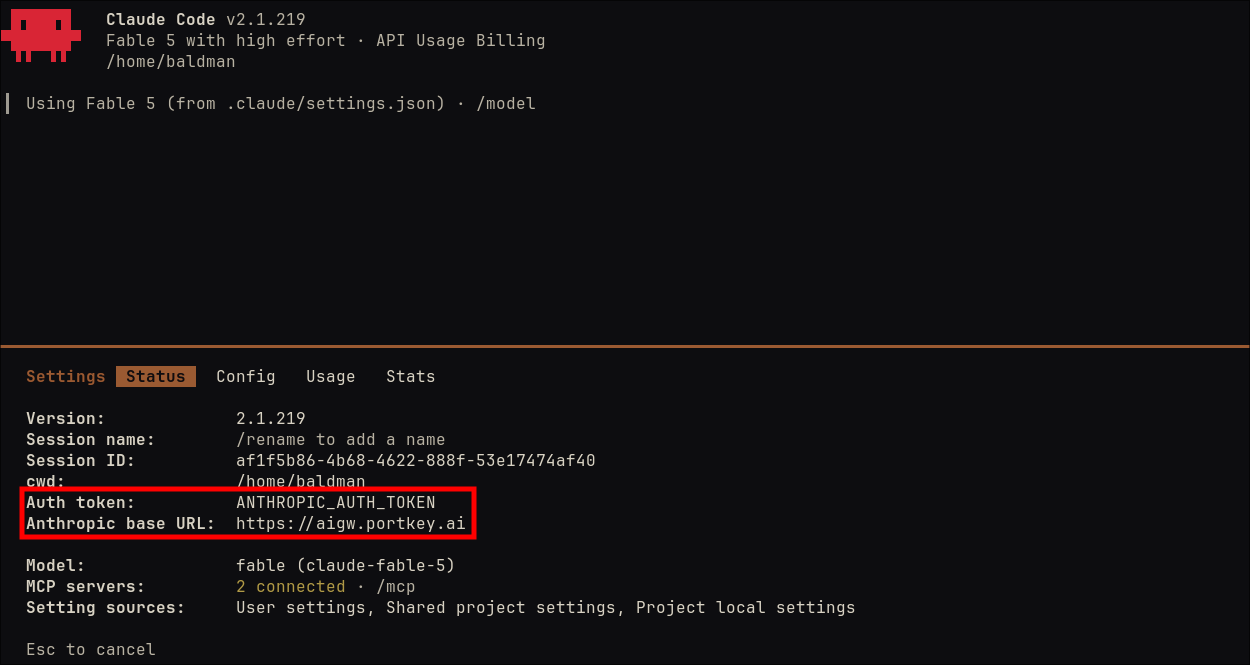 Claude Code status screen with the Auth token row reading ANTHROPIC_AUTH_TOKEN and the Anthropic base URL row reading https://aigw.portkey.ai highlighted, with the session banner showing API Usage Billing