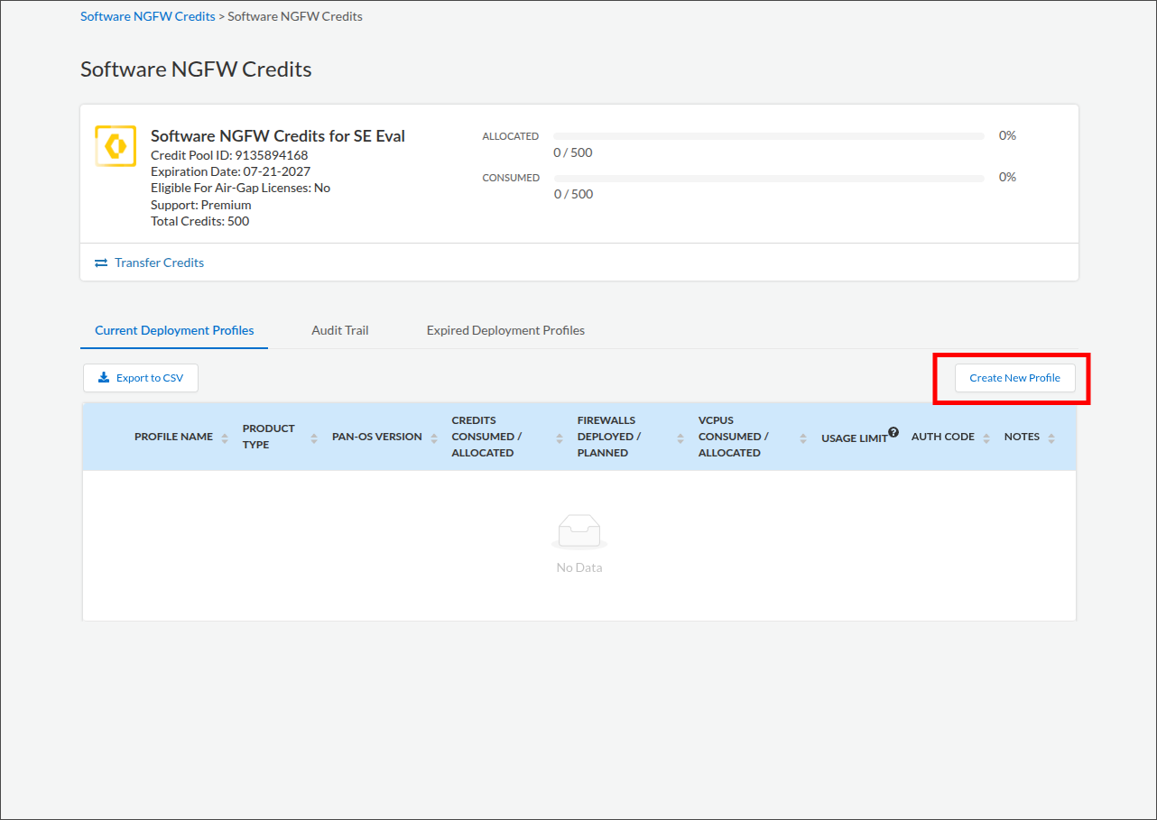 Software NGFW Credits page in the Customer Support Portal showing a credit pool summary and the Create New Profile button highlighted