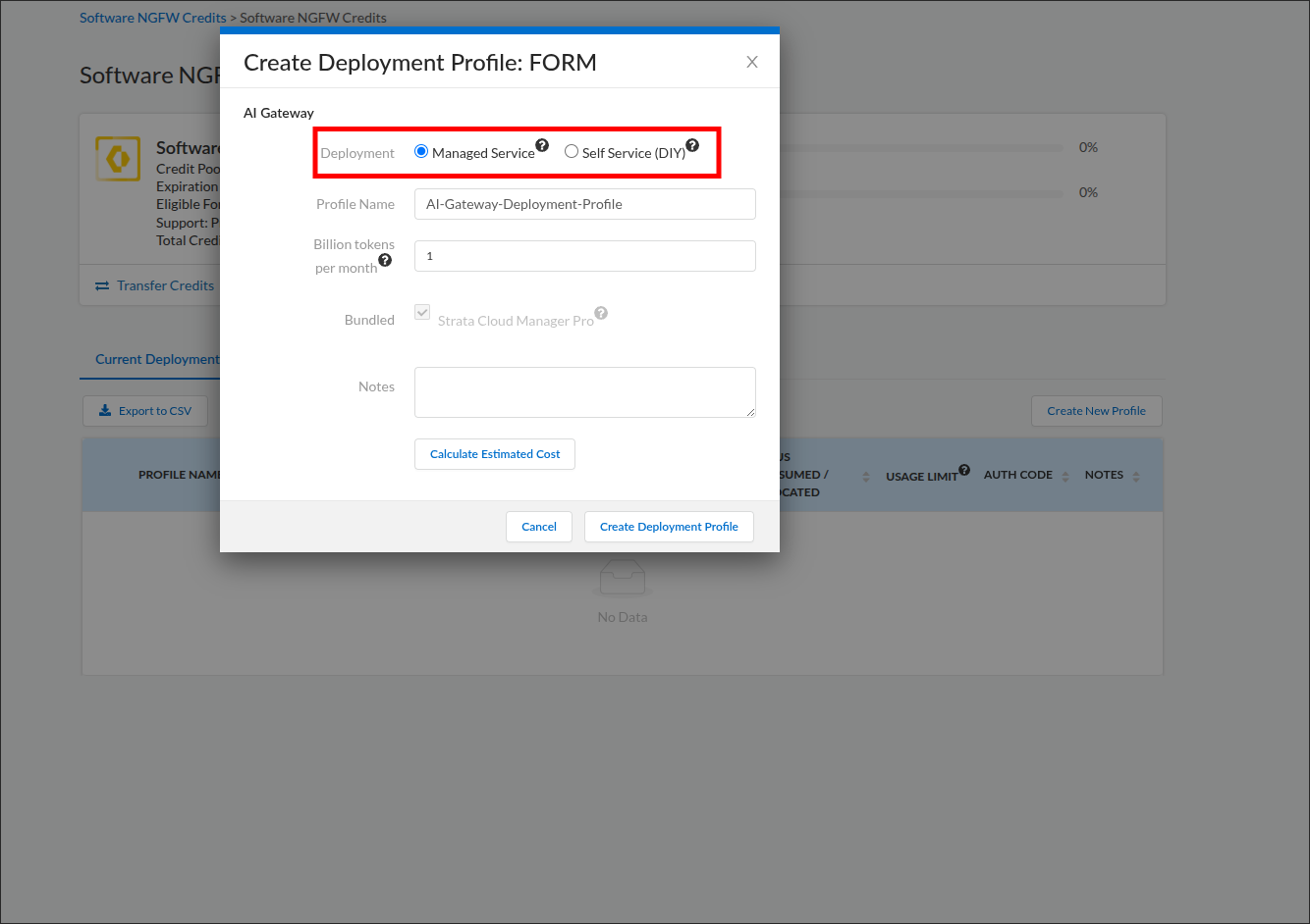 Create Deployment Profile FORM dialog with the Deployment field highlighted, showing Managed Service and Self Service DIY options