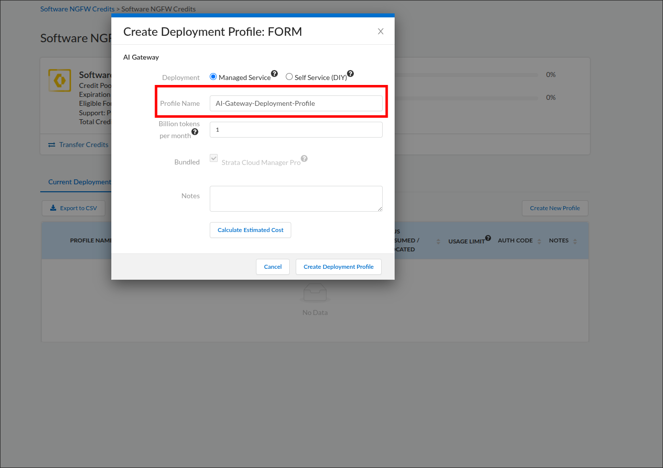 Create Deployment Profile FORM dialog with the Profile Name field highlighted