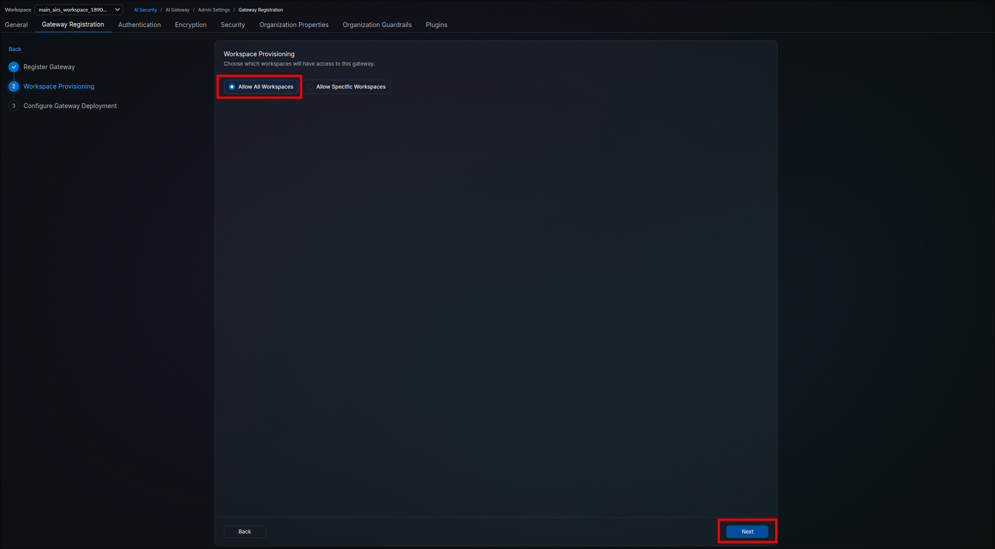 Workspace Provisioning stage with Allow All Workspaces selected and the Next button highlighted