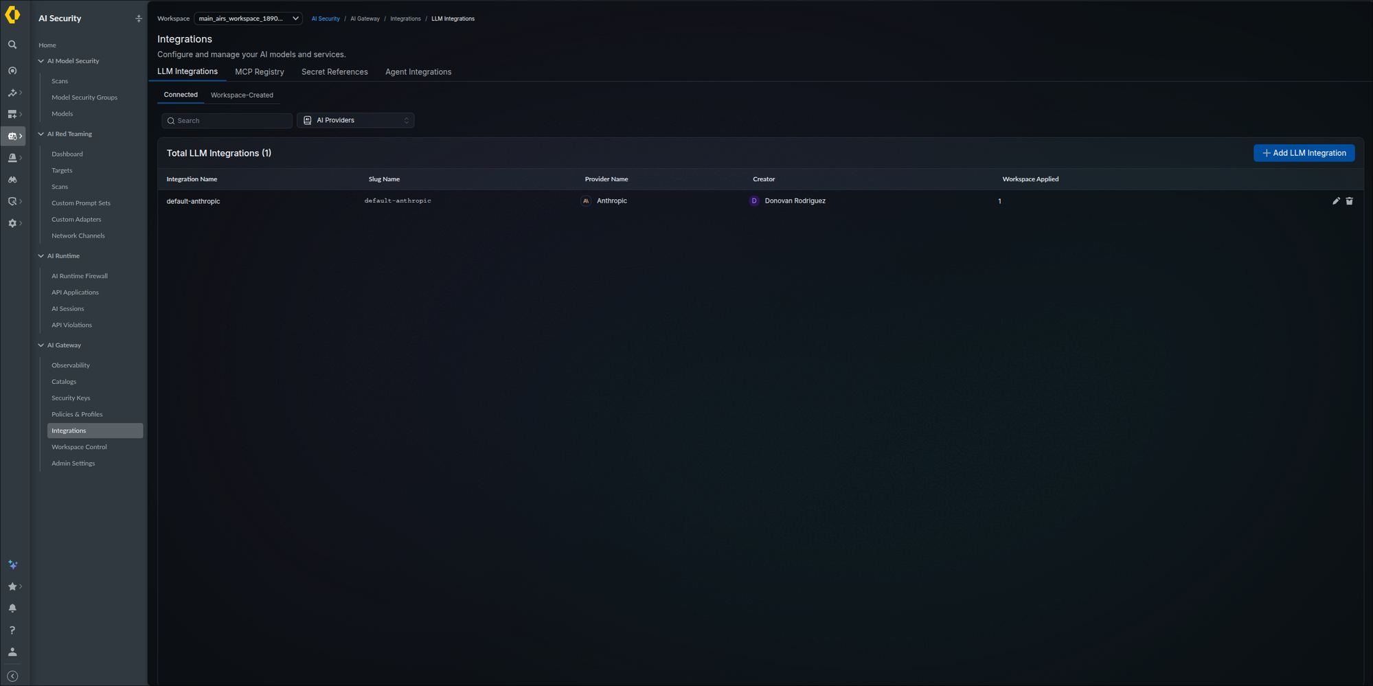 Integrations page on the LLM Integrations Connected tab with the default-anthropic row listing its slug, Anthropic provider, creator, and one applied workspace