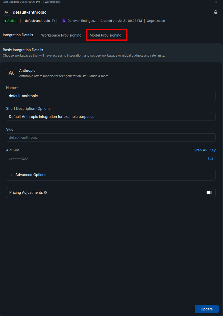 Integration panel for default-anthropic showing the Active status, a copyable default-anthropic slug pill in the header, Integration Details fields including the Slug field and masked API Key, and the Model Provisioning tab highlighted
