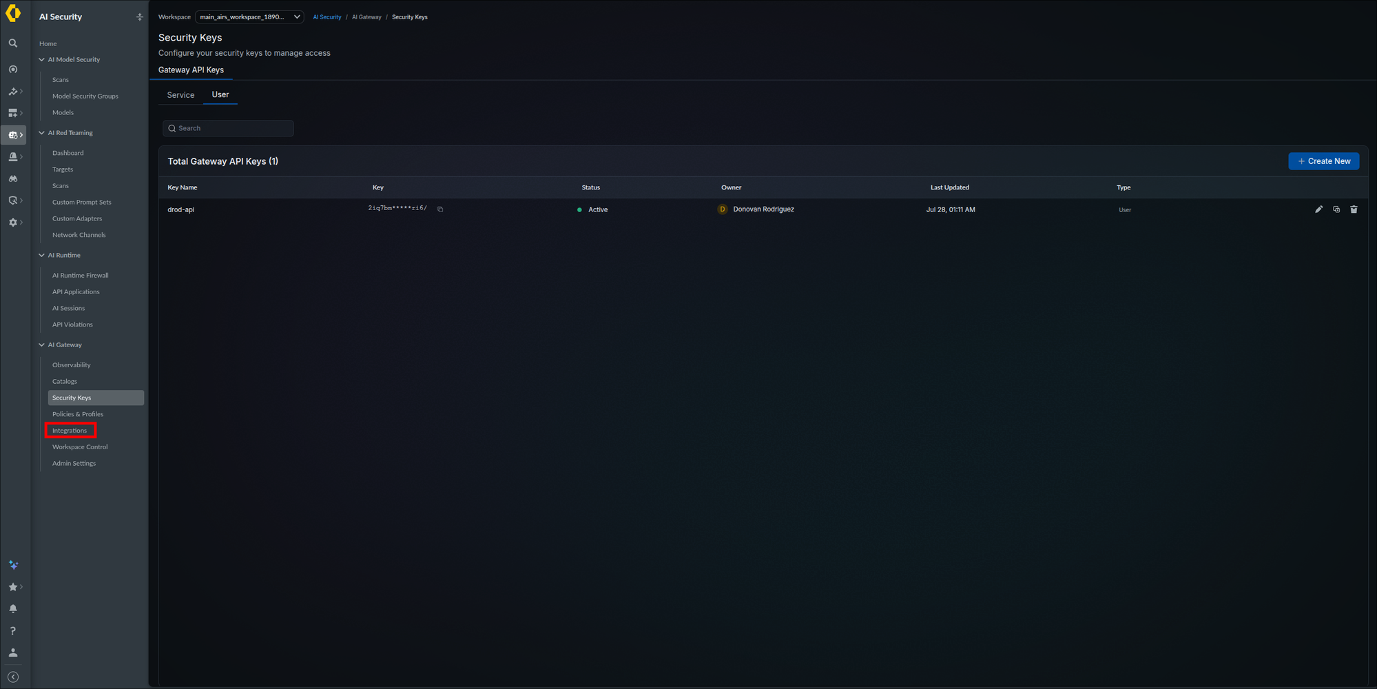 Security Keys page showing the drod-api key row with a masked key value, Active status, owner, last updated time, and User type, with the Integrations entry highlighted in the AI Gateway navigation
