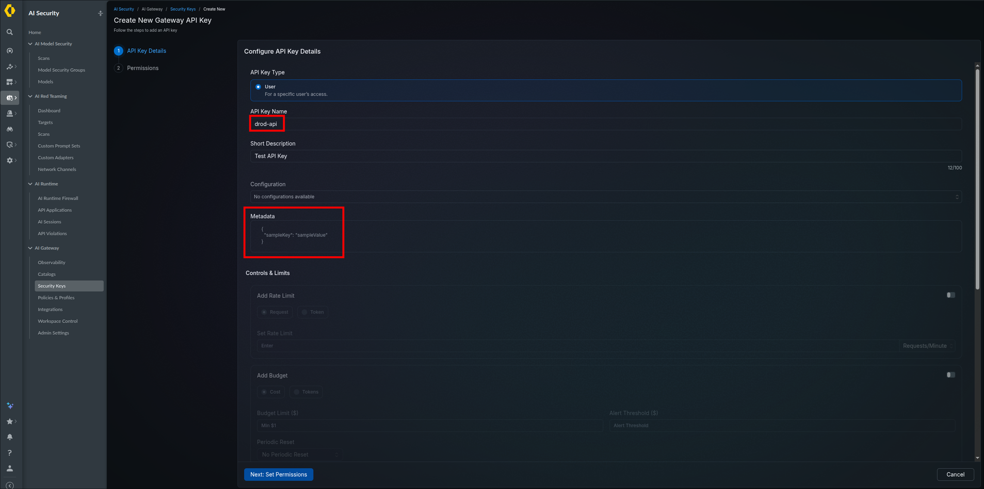 Create New Gateway API Key page on the API Key Details stage with the API Key Name field highlighted containing drod-api and the Metadata JSON editor highlighted, showing the User key type, a Test API Key description, and the Configuration dropdown reading No configurations available