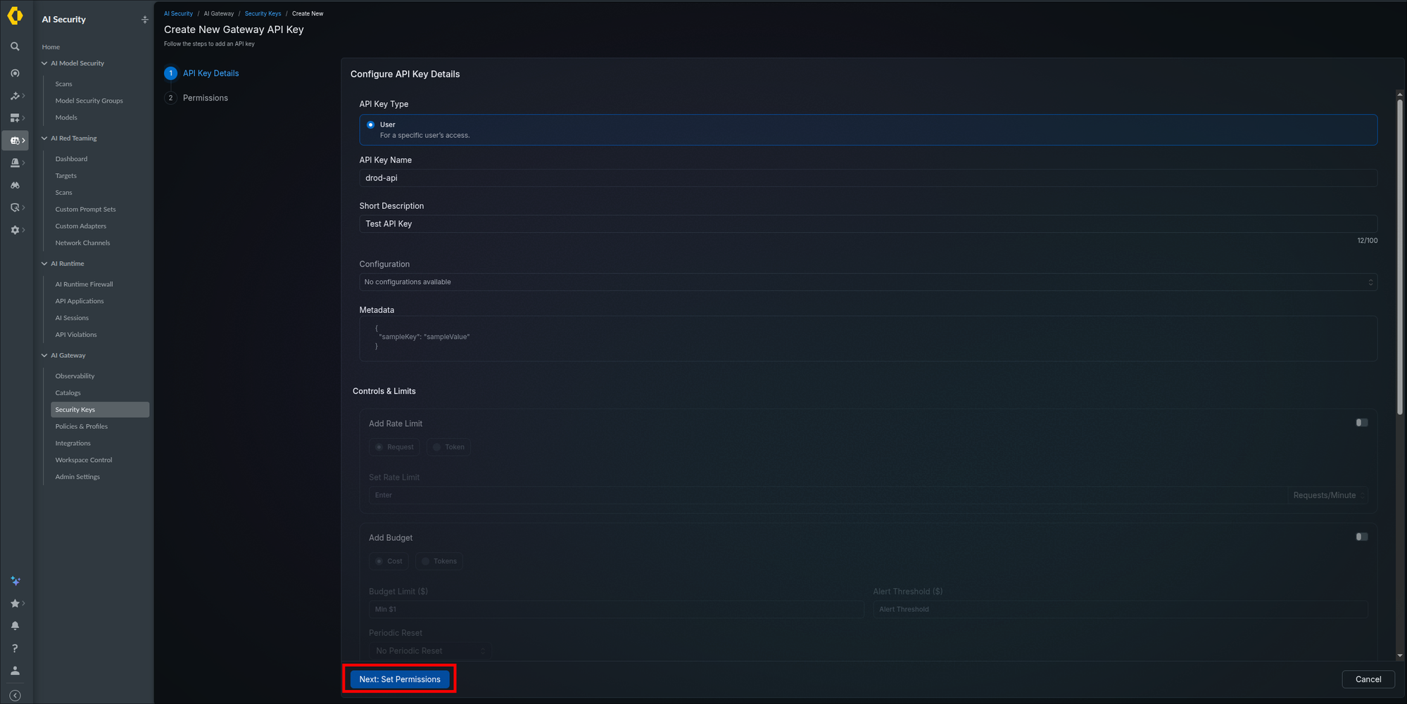Create New Gateway API Key page with the completed details form and the Next Set Permissions button highlighted at the bottom