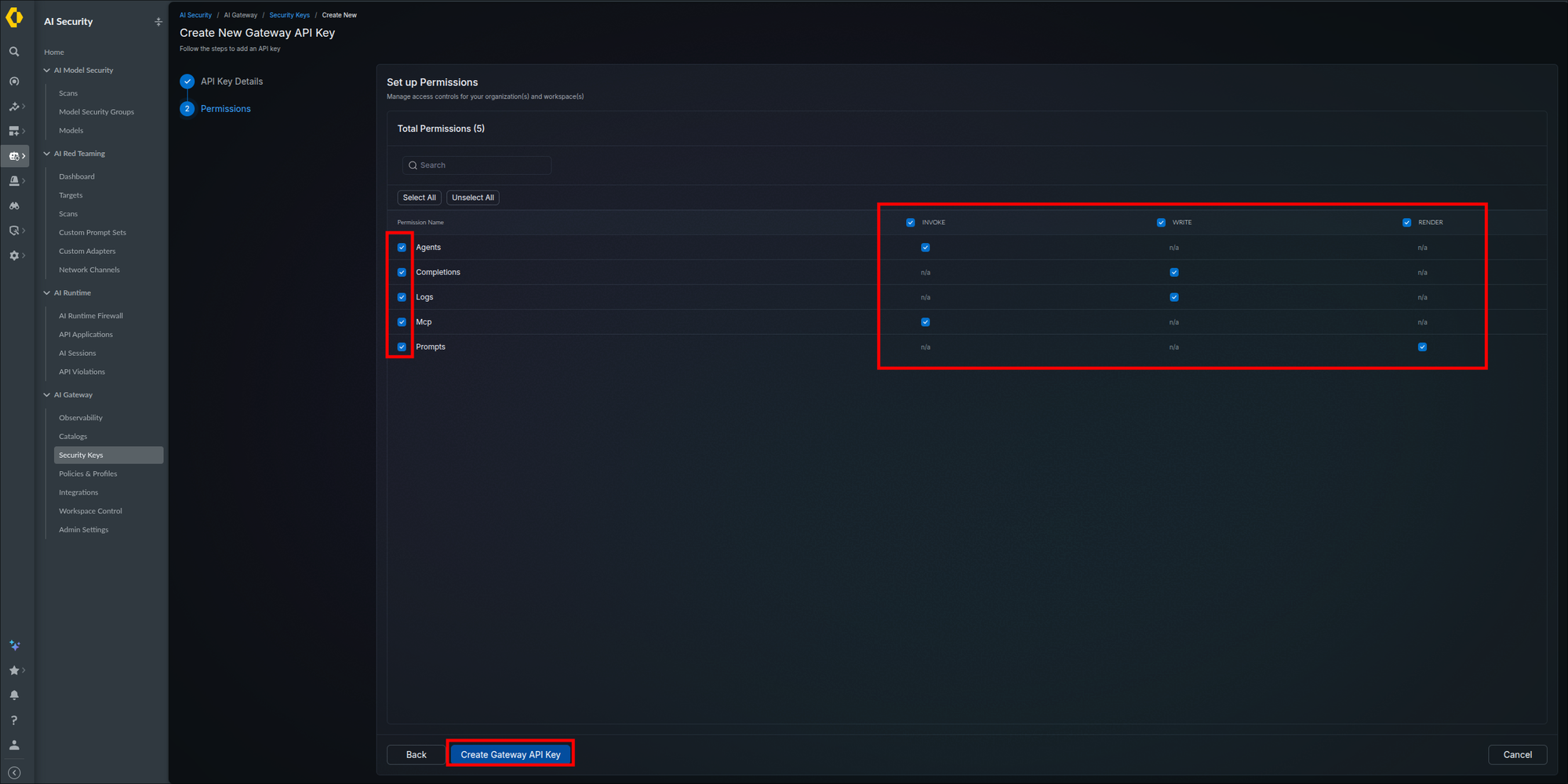 Set up Permissions stage showing a five-row permission matrix with Agents and Mcp granted Invoke, Completions and Logs granted Write, Prompts granted Render, n/a in the remaining action columns, Select All and Unselect All controls, and the Create Gateway API Key button highlighted next to Back