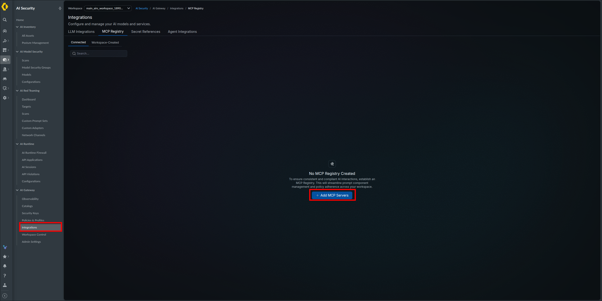 MCP Registry tab on the Integrations page showing the No MCP Registry Created empty state with the Add MCP Servers button