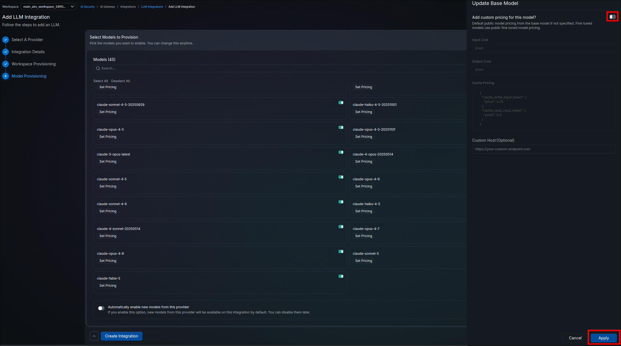 Update Base Model panel with the Add custom pricing toggle highlighted, Input Cost and Output Cost fields, Cache Pricing JSON with cache write and cache read token prices, an optional Custom Host field, and the Apply button highlighted