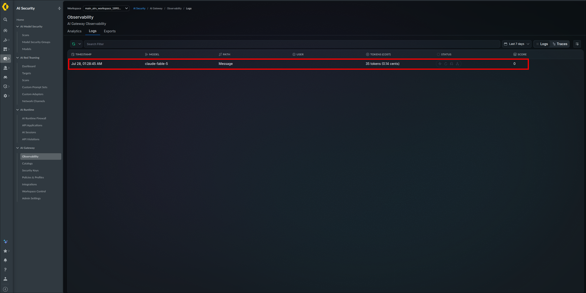 Observability Logs tab showing a highlighted request row with a timestamp, model claude-fable-5, path Message, 35 tokens costing 0.14 cents, and a score column, with Logs and Traces toggles and a Last 7 days filter