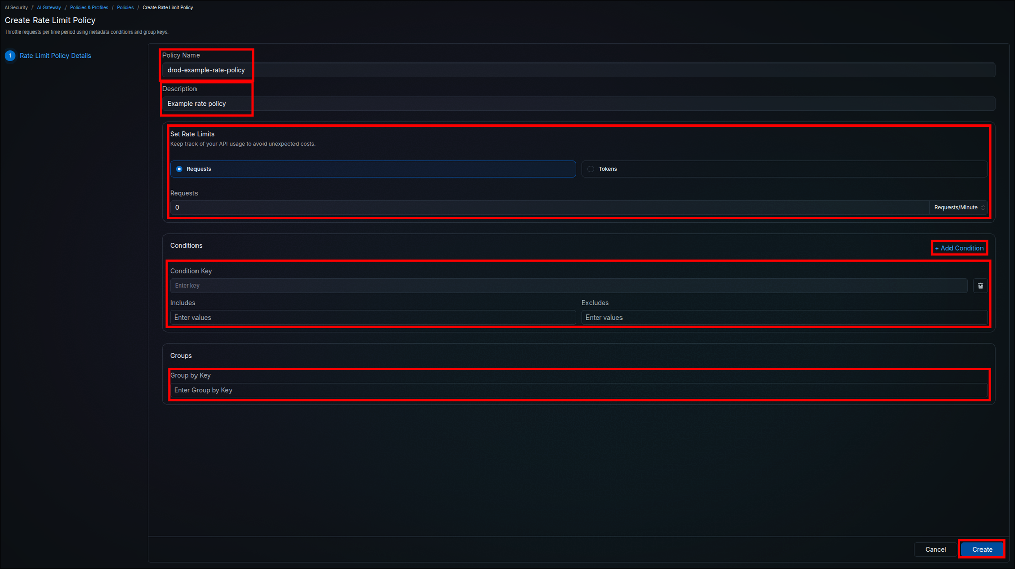 Create Rate Limit Policy page showing Policy Name and Description fields, a Set Rate Limits section with Requests and Tokens options and a Requests per Minute unit dropdown, a Conditions section with Add Condition, Condition Key, Includes and Excludes fields, a Groups section with Group by Key, and the Create button highlighted