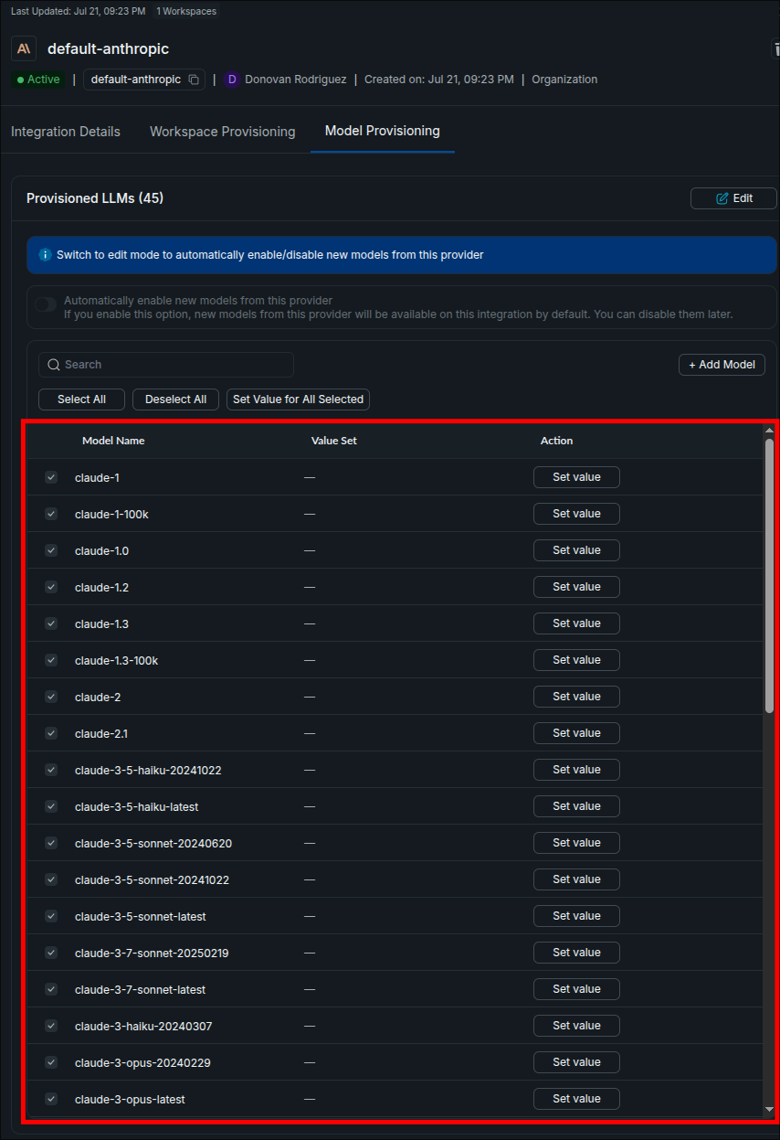 Model Provisioning tab showing Provisioned LLMs with 45 models, the model list highlighted with per-model checkboxes and Set value actions, a Search field, Add Model button, and an Edit mode note about automatically enabling new models
