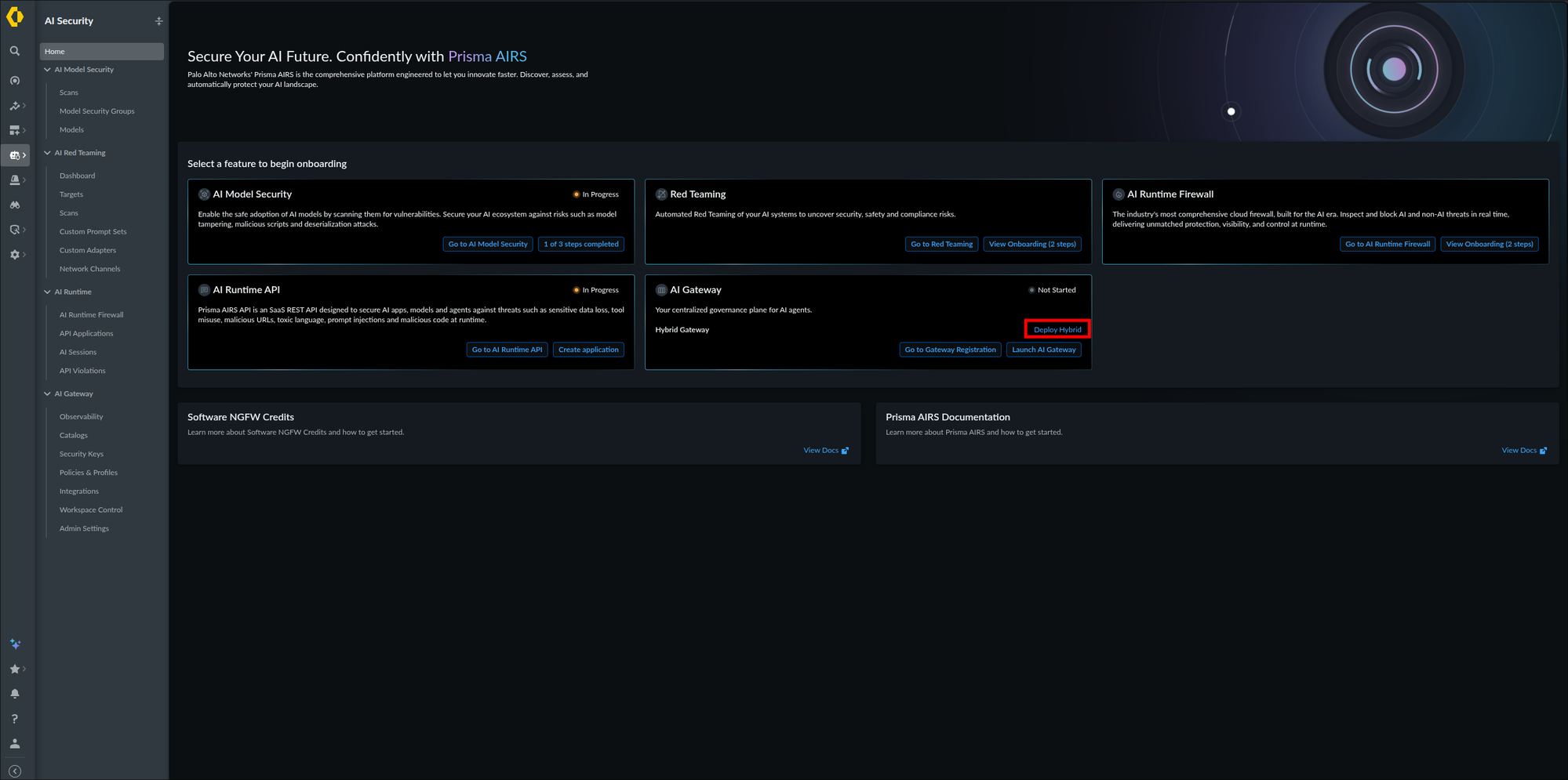 AI Security Home page showing the AI Gateway card marked Not Started with Go to Gateway Registration, Launch AI Gateway, and Deploy Hybrid actions