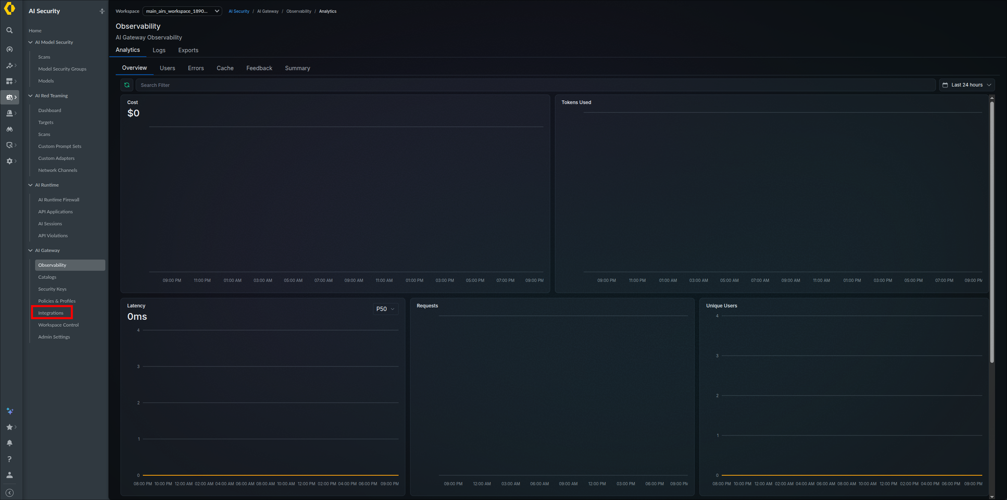 AI Security navigation with Integrations highlighted under the AI Gateway section