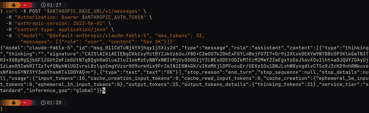 Terminal showing the curl request to the gateway messages endpoint using the model reference at default-anthropic slash claude-fable-5 and a JSON response containing a message id, assistant content of OK, end_turn stop reason, and token usage counts