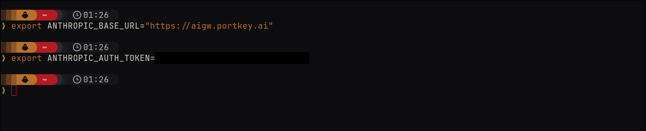 Terminal showing export ANTHROPIC_BASE_URL set to https://aigw.portkey.ai and export ANTHROPIC_AUTH_TOKEN with its value redacted