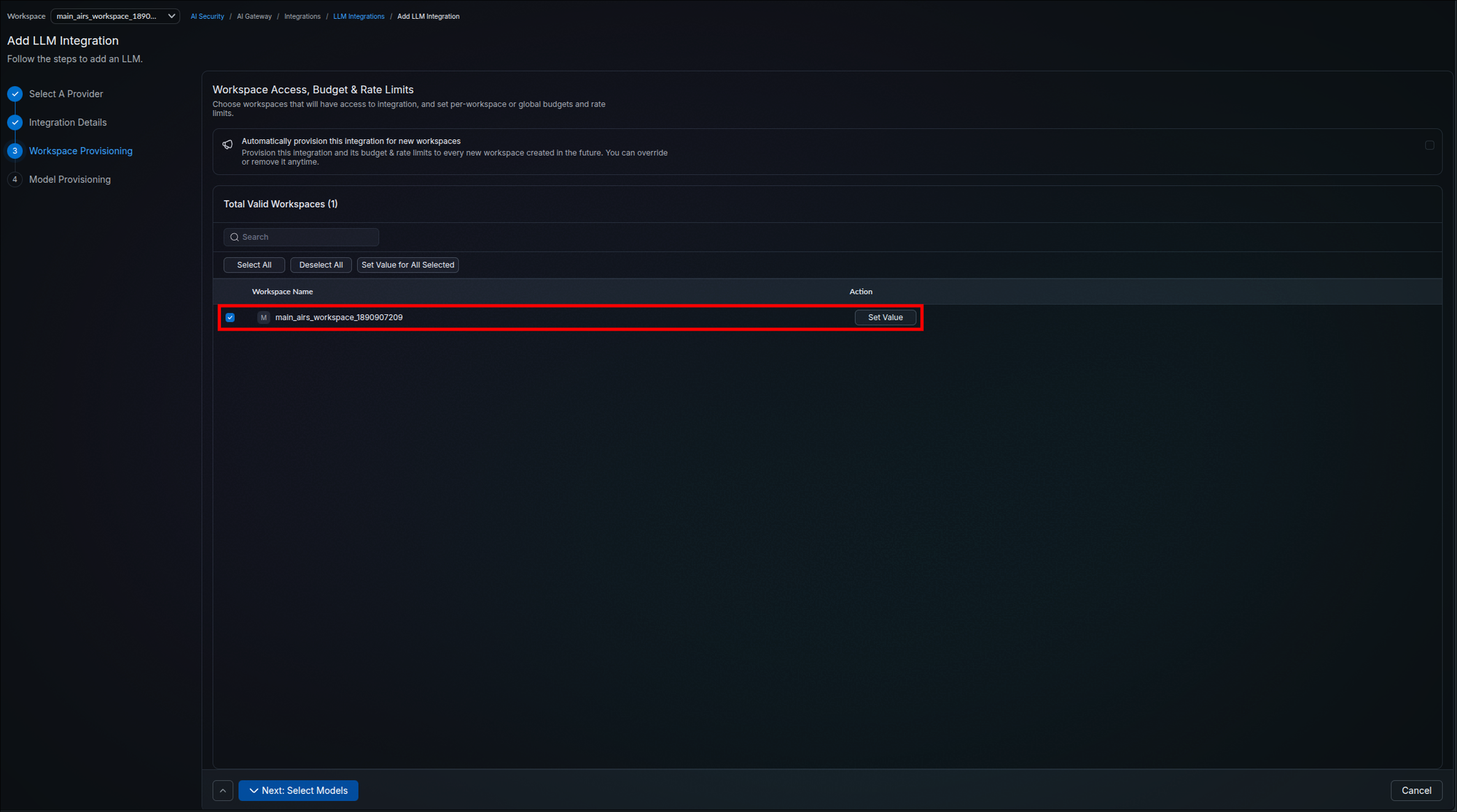 Workspace Access, Budget and Rate Limits stage showing the automatic provisioning option, one valid workspace checked, and the Set Value button highlighted
